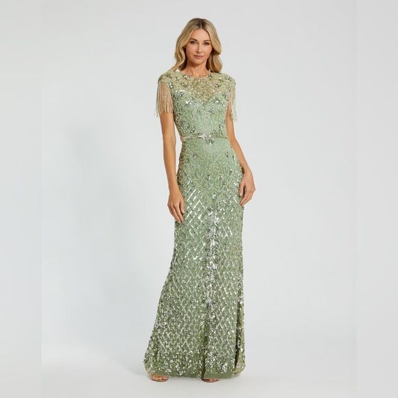 MAC DUGGAL 4908 Green High Neck Sleeveless Beaded Fringe Fitted Gown Dress - Picture 2 of 13